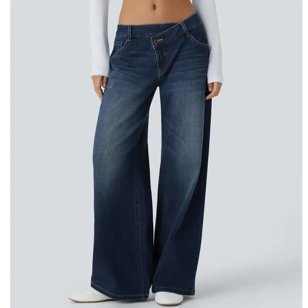 Halara Flex Low Rise Baggy Wide Leg Jeans Size Large Blue Asymmetric Y2K Casual